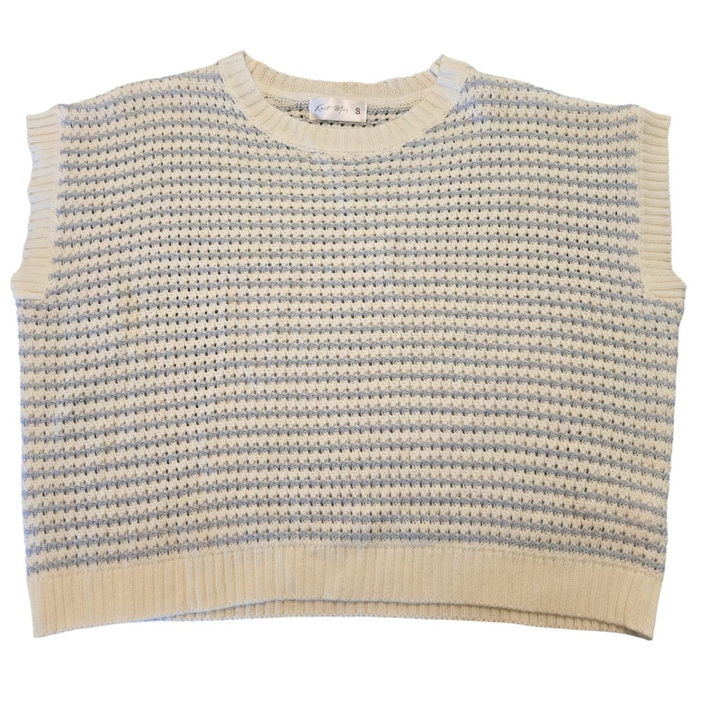 Womens Knit Sweater Top Small Winter White‎ W Blue Stripes Cap Sleeve Coastal